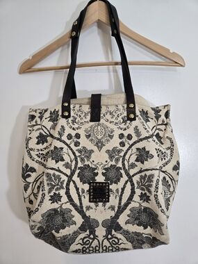 Anthropologie CAMPOMAGGI Italian Canvas & Leather Floral Tote Studded Distressed